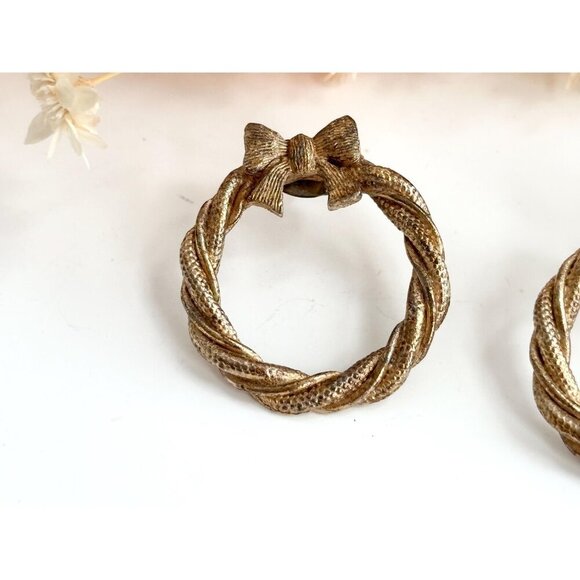 Gold Toned Braided Rope Bow Ribbon Vintage Post Back Holiday Themed Earrings - Picture 3 of 10